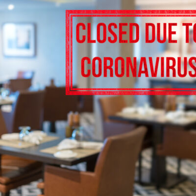 Modern restaurant with tables closed due to government order on coronavirus